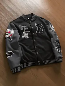 Oversized Sporty Baseball Jacket with Gothic Embroidery, Skull Spider Bat Print for Spring & Fall, Unique Streetwear Essentials