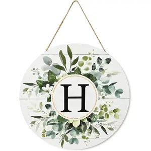 Smile Monogram Letter H Wreaths Wooden Welcome Sign, Family Last Name Initial Front Door Wall Decoration, Floral Spring Summer Porch Rustic Home Kitchen Decor