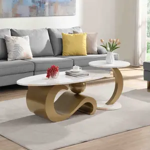 Modern Nesting Coffee Table Set of 2, Living Room Center Table with White Faux Marble Top and Gold Metal Base, Oval Coffee Table and Round End Table Set