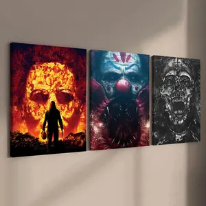 Wooden Framed Canvas Painting, 3 Counts/set Horror Movie Character Poster, Picture Image Prints, Scary Demon Decorations, Halloween Decorative Painting, Home Decoration, Wooden Wall Art