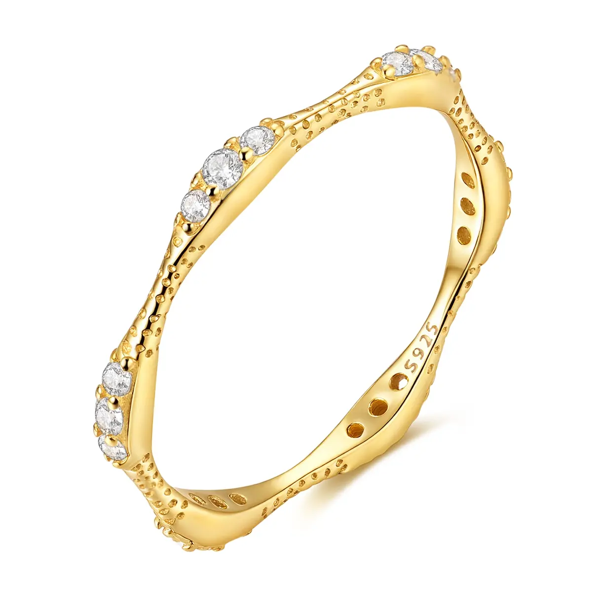 MULA 925 Sterling Silver Geometric Liquid Gold Textured Ring with Cubic Zirconia - Elegant stackable jewelry for everyday wear, perfect holiday gift for women and girls, Fashion Ring, Geometric Design Ring