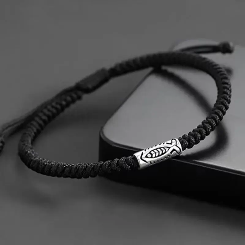 Men's Charm Bracelet - 21.5cm Beaded Braided Black Alloy Fish Charm Handwoven Rope Jewelry, Cool Gifts for Guys, Business Fashion Accessory