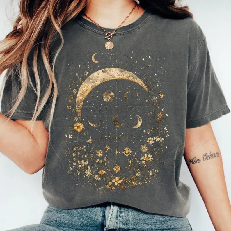 Comfort Colors Celestial Moon Phase TShirt, Boho Moon TShirt, Spiritual Astrology Tee, Witchy Aesthetic Tee, Floral Crescent Moon
