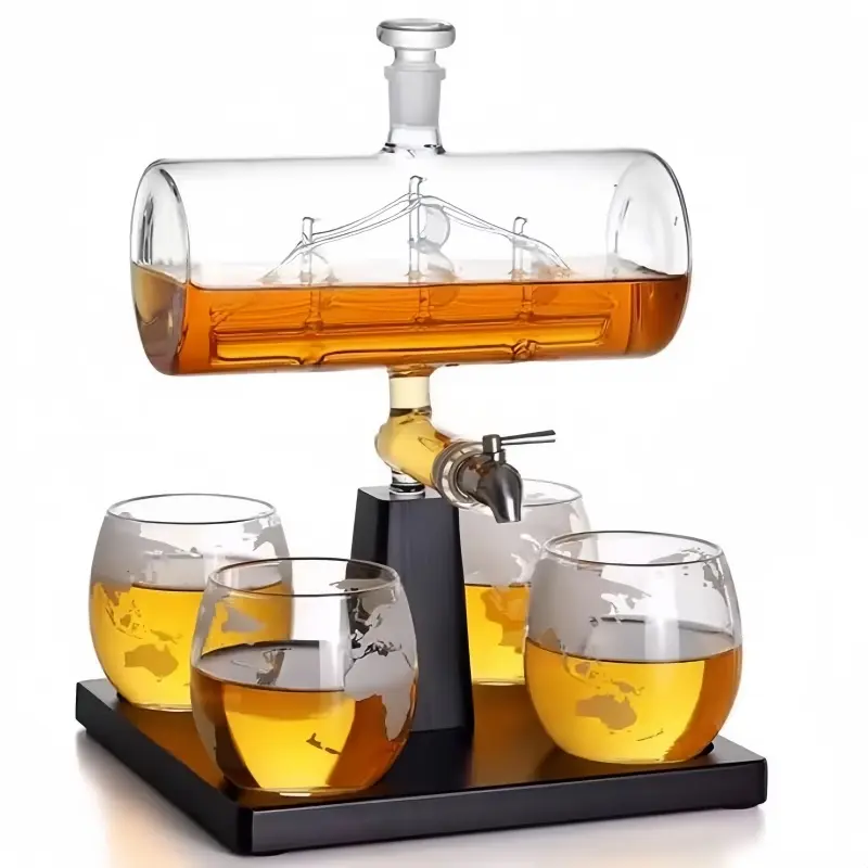Whiskey Decanter Globe Set with 4 Etched Glasses, Perfect for Scotch Bourbon Vodka, Ideal Mens Gift, 34oz Home Bar Set, Barware, Liquor Decanter Set, Birthday Present for Dad