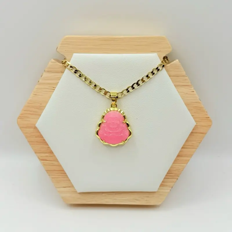Budah Chain - Pink Pendant on Gold-Toned Chain Displayed on Wooden Hexagon Stand