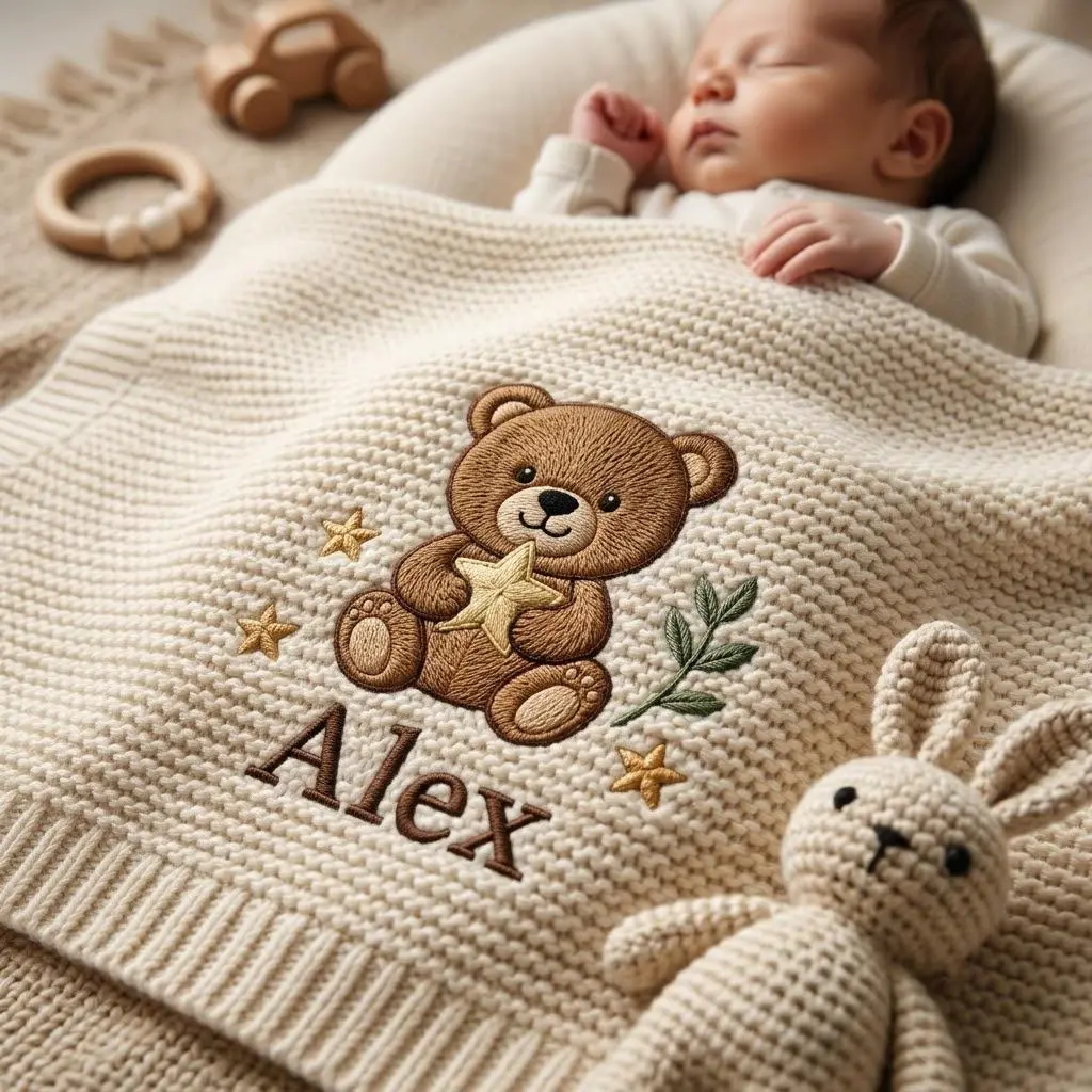 [Made-to-Order] Personalized Bear Embroidered Baby Blanket, Custom Name Woodland Cabin Nursery Keepsake, Star Toddler Blanket