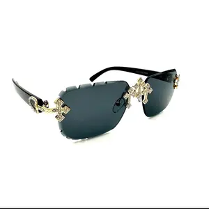Elegant Cross-Decorated Sunglasses with Black Frames and Dark Lenses for Stylish Protection