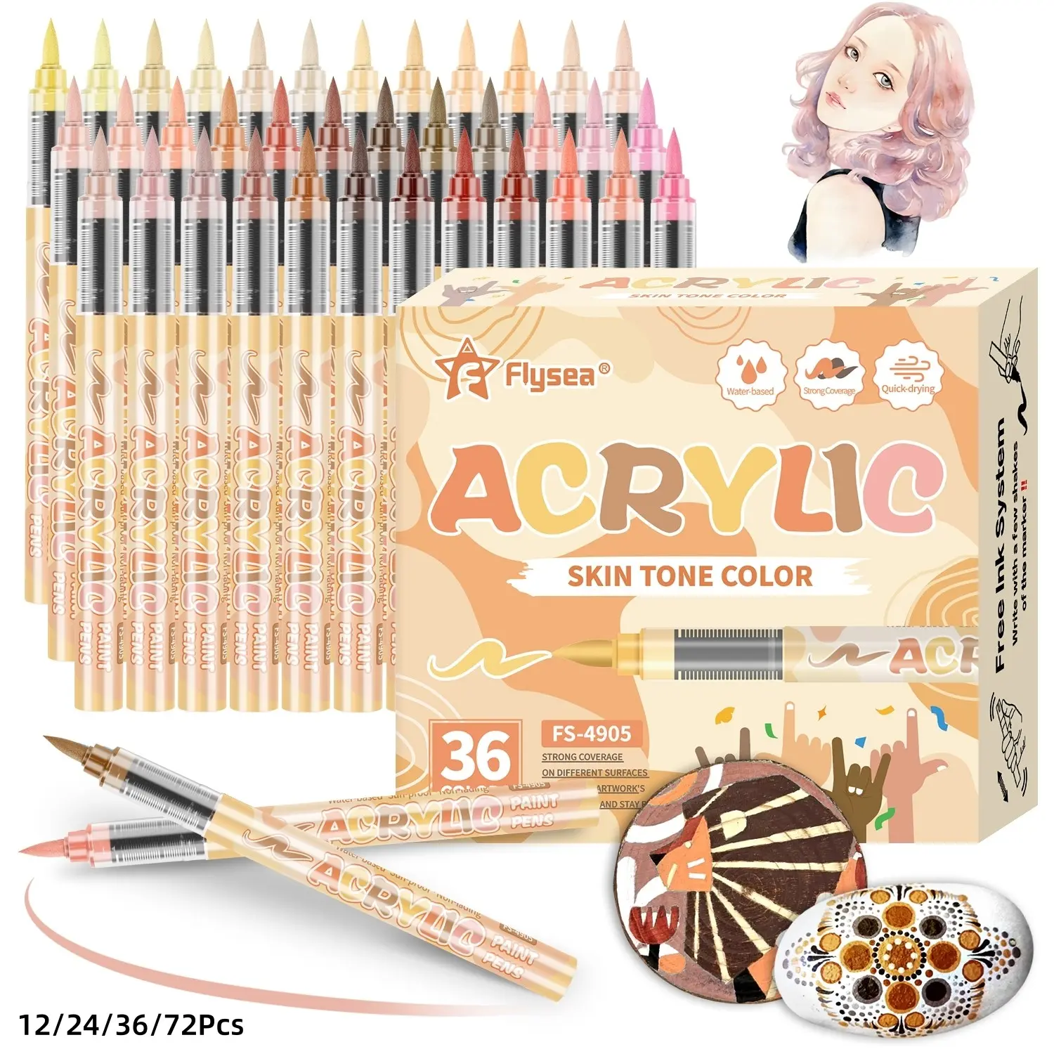 Skin Tones Art Markers,12/24/36 Color Soft Brush Tip Acrylic Paint Pens, Quick-Drying Waterproof Acrylic Paint Markers for Illustration Sketching, Art Drawing, Wood,Glass,Fabric,Rocks Painting, Art Markers Set