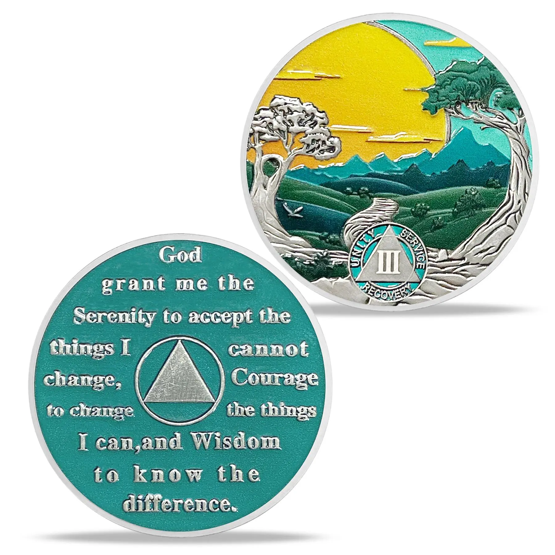 Antique Silver-Plated 3-Year Sobriety Medal - 1.37in Diameter Iron Base, Sun Tree Motif, Serenity Prayer, 12 Step Recovery Collectible, Portable Size Party Gift for Sponsors, Recovery & AA/NA Meeting Supply, Meaningful Milestone Home Festive Item, 12 Step
