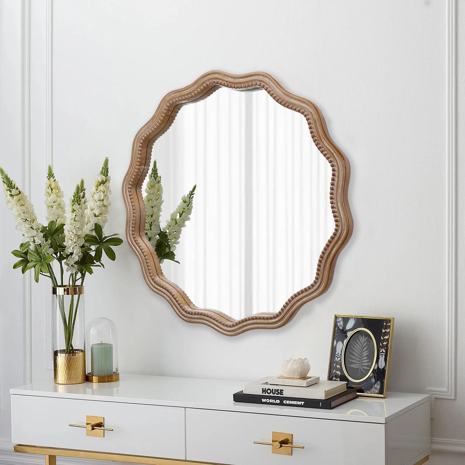 23.62 Inches Classic Design Large Circle Wall Mirror Wood Framed Hanging Wavy Scalloped Mirror for Home Decorative Use
