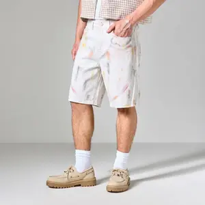 Men's White Graffiti Baggy Bermuda Denim Jorts, Menswear Streetwear for Casual Summer Use Jeans