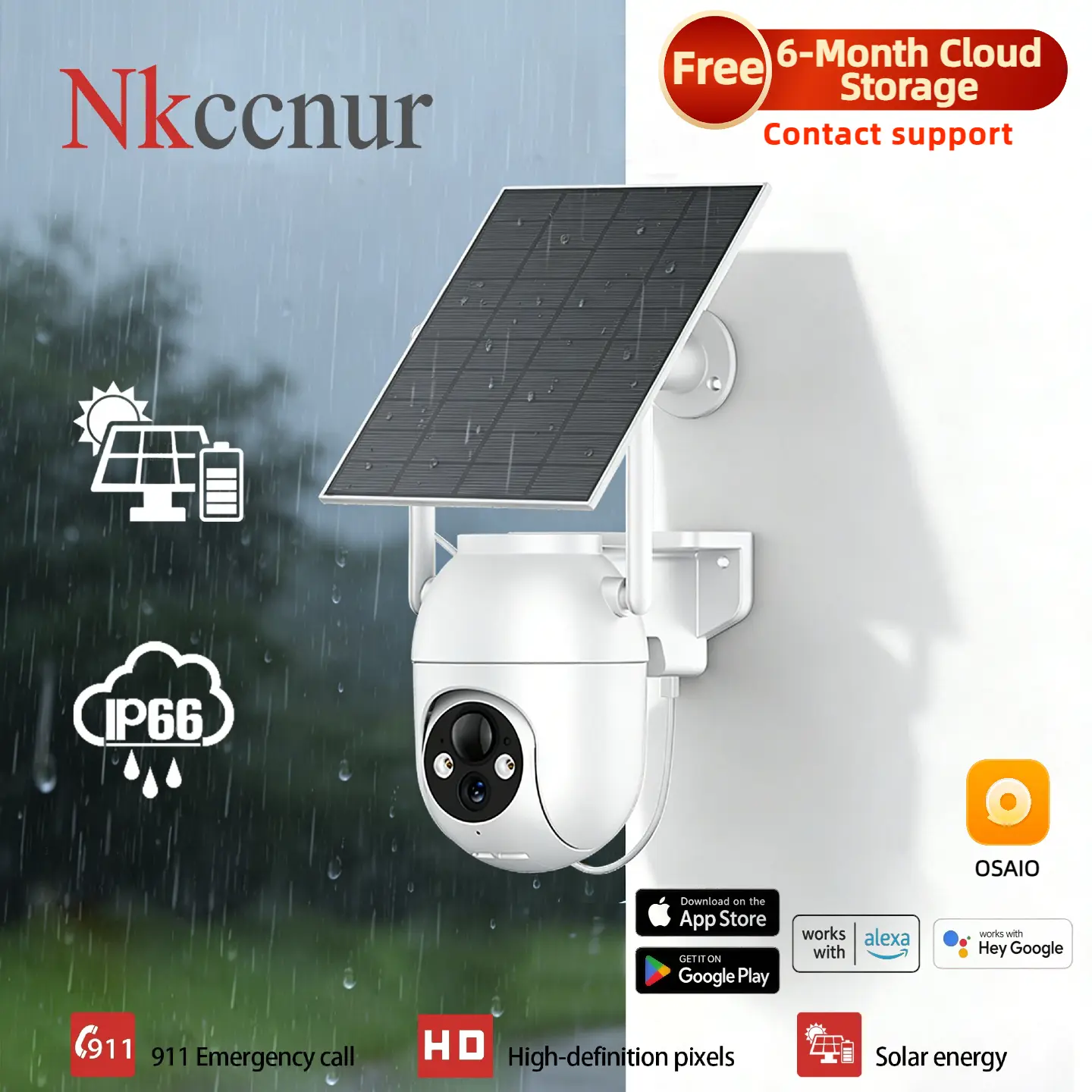NKCCNUR Solar-Powered Wireless WiFi Outdoor Security Camera, IP66 Waterproof, AI Motion Detection, 2-Way Audio, HD Night Vision, Pan/Tilt Surveillance