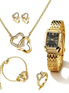 Elegant Quartz Watch Set with Necklace Bracelet Ring Earrings, Stainless Steel Band, Perfect Gift for Women, Jewelry Watch Set