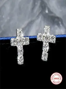 S925 pure silver cross earrings; sparkling zirconia; ladies religious jewelry; fashionable party gift