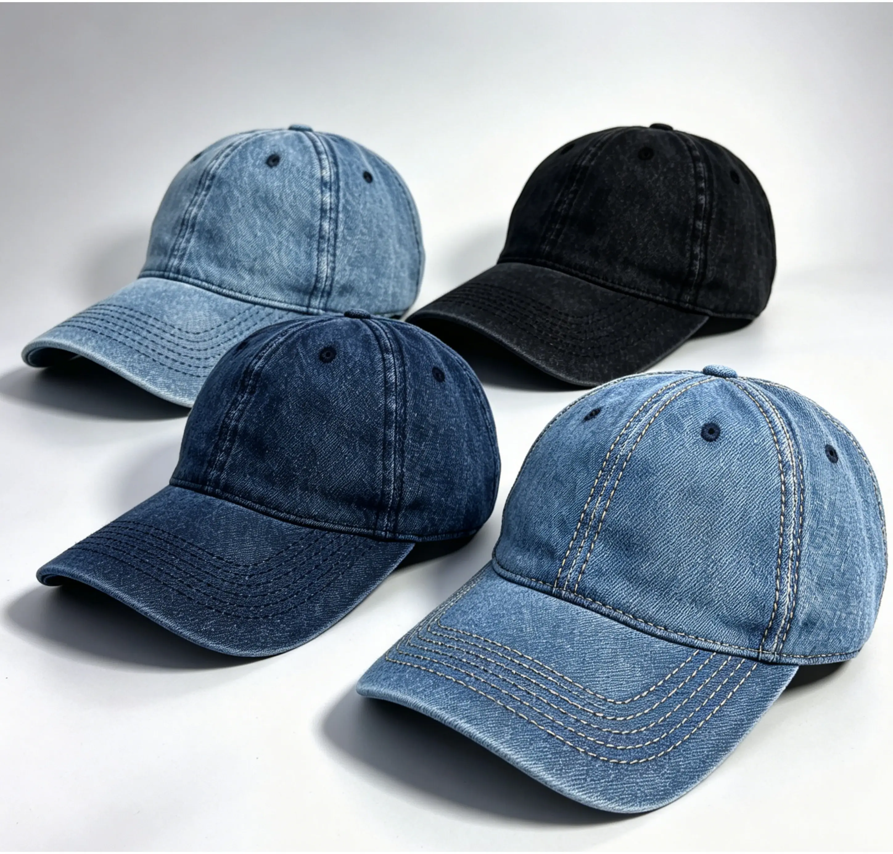 Unisex Vintage-Style 4 PCS Washed Denim Fashion Hats, Adjustable Metal Snap Closure (Adjustable Snap Adapts to Most Heads), Moisture-Wicking Sweatband, 90s Denim Vibe Casual Outdoor Hat with Sun Protection, Ideal for Streetwear Summer Activities, Sweatwic