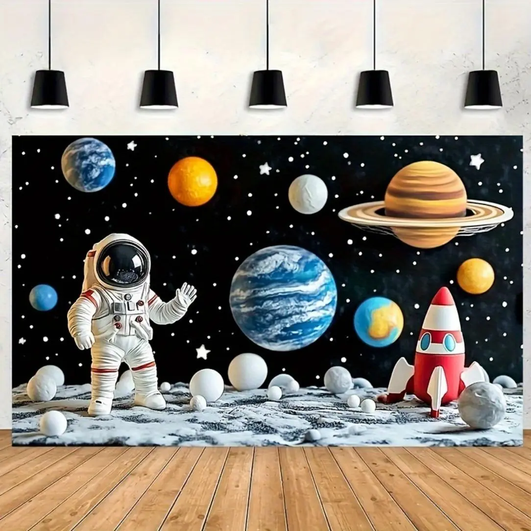 Space Themed Birthday Party Backdrop, Happy Birthday Backdrop, Cartoon Outer Space with Planets Rocket Stars Wall Decor Banner, Celebrations Photography Background, Space Party Decorations, Wall Hanging Backdrop
