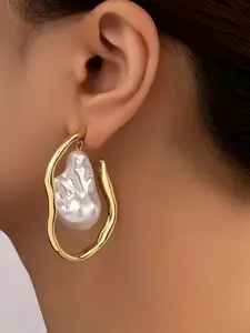 Elegant Asymmetrical C-Shaped Earrings with Acrylic Baroque Artificial Pearl Dangle, Fashionable Women's Jewelry Set, Pearl Hoop Earrings