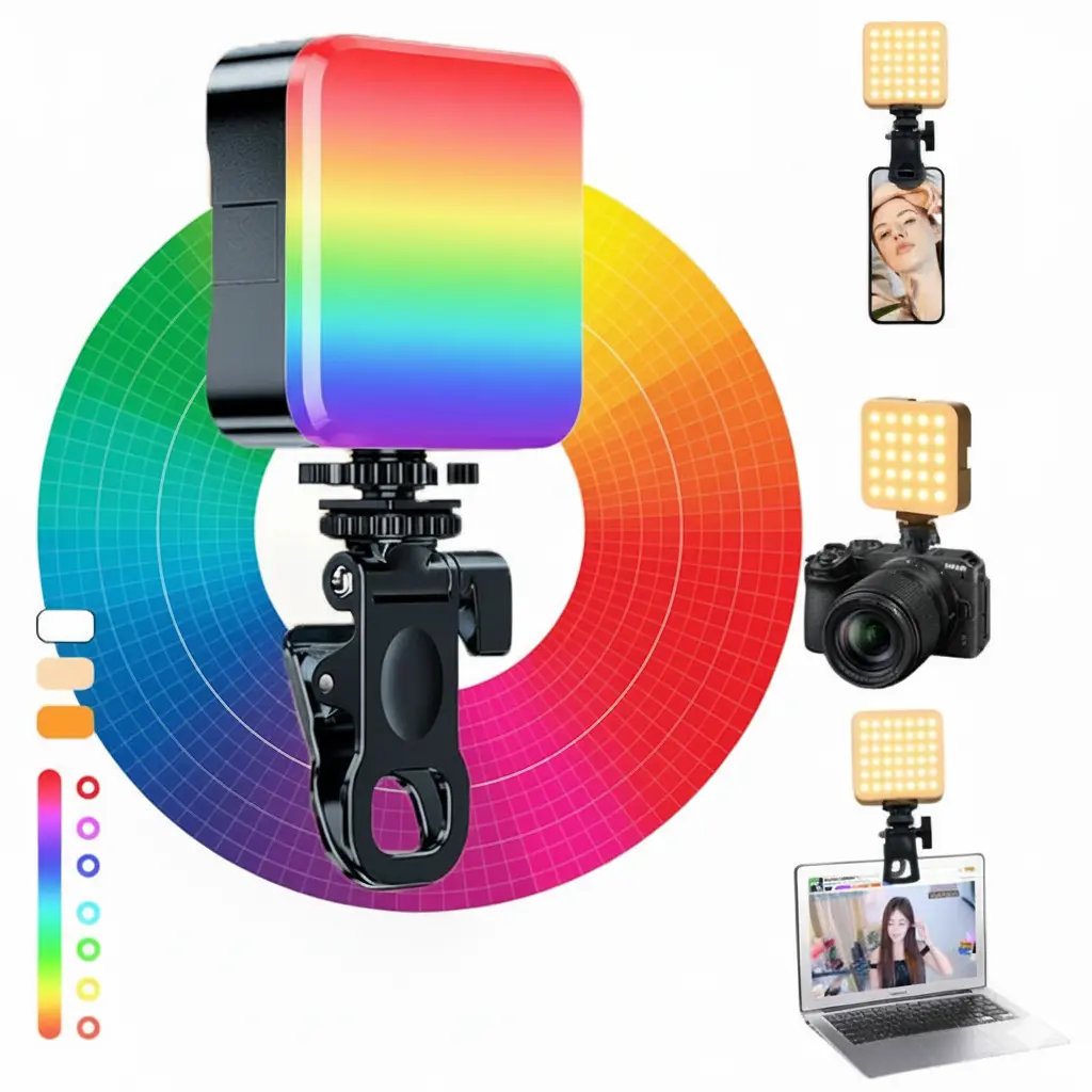 Portable Handheld Pocket LED Clip-On Selfie Light Kit, 360° Full Color RGB Modes, 7 Lighting Modes, 3 Cold Shoe Mounts, 2000mAh Rechargeable Batteries, 2700K-6500K, Front+Back Use, for Content Creators, Cellphone & Smartphone Camera Accessories, Laptops
