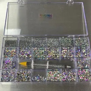 [AB Iridescent silver-back] Rhinestones set - 20 cells box - 14 big shapes and 6 round shapes