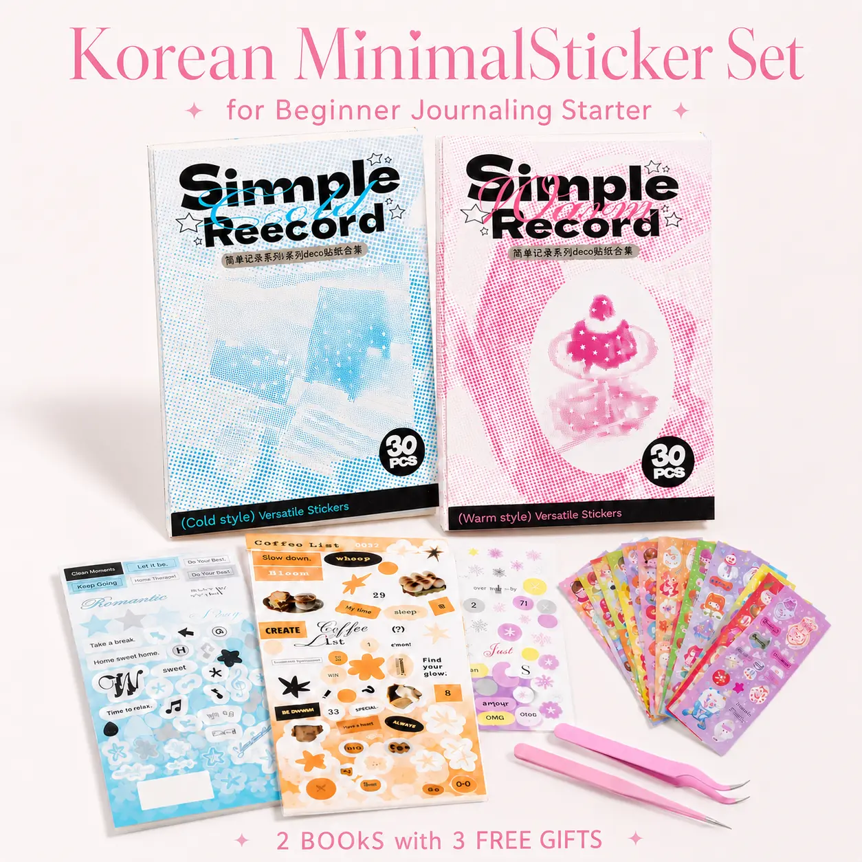 Korean Minimal Aesthetic Sticker Book Set - Beginner Journaling Starter Kit for Scrapbooking & DIY Crafts, Includes 2 Precision Tweezers & 20 Sticker Sheets
