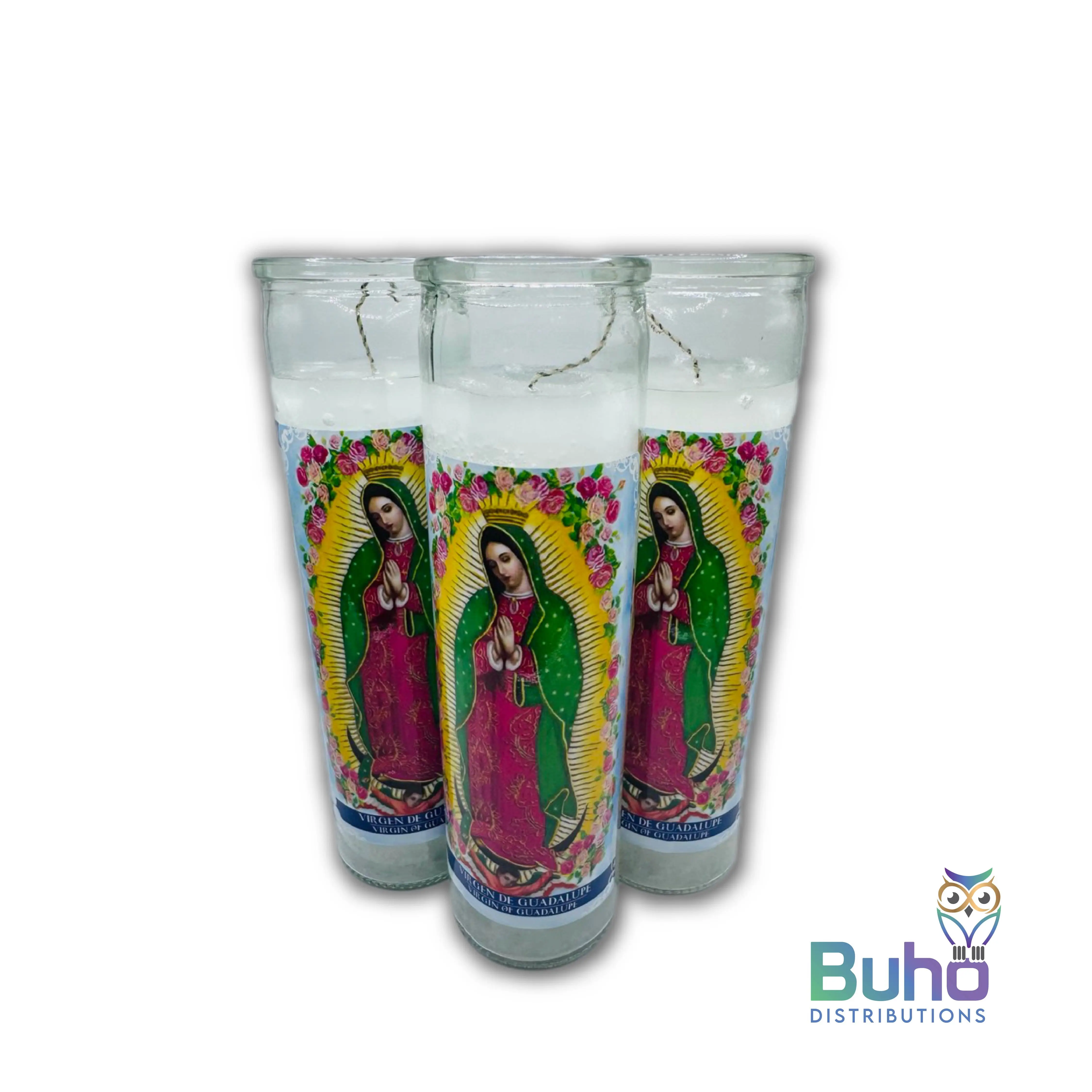 Our Lady of Guadalupe 8" Full Label-White | Virgen de Guadalupe| Set of 3 Religious 8” Candles | Búho Distribution