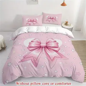 3-piece bedding set (1 duvet cover+2 pillowcases, excluding duvet core), decorated with bow and rose flowers, romantic star pattern, soft and comfortable, Soft Bedding Sets, suitable for bedrooms and dormitories