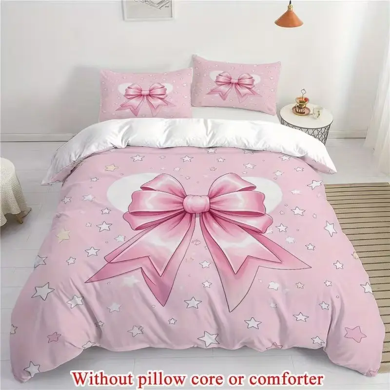 3-piece bedding set (1 duvet cover+2 pillowcases, excluding duvet core), decorated with bow and rose flowers, romantic star pattern, soft and comfortable, Decorative Bedding Set, Soft Bedding Sets, suitable for bedrooms and dormitories