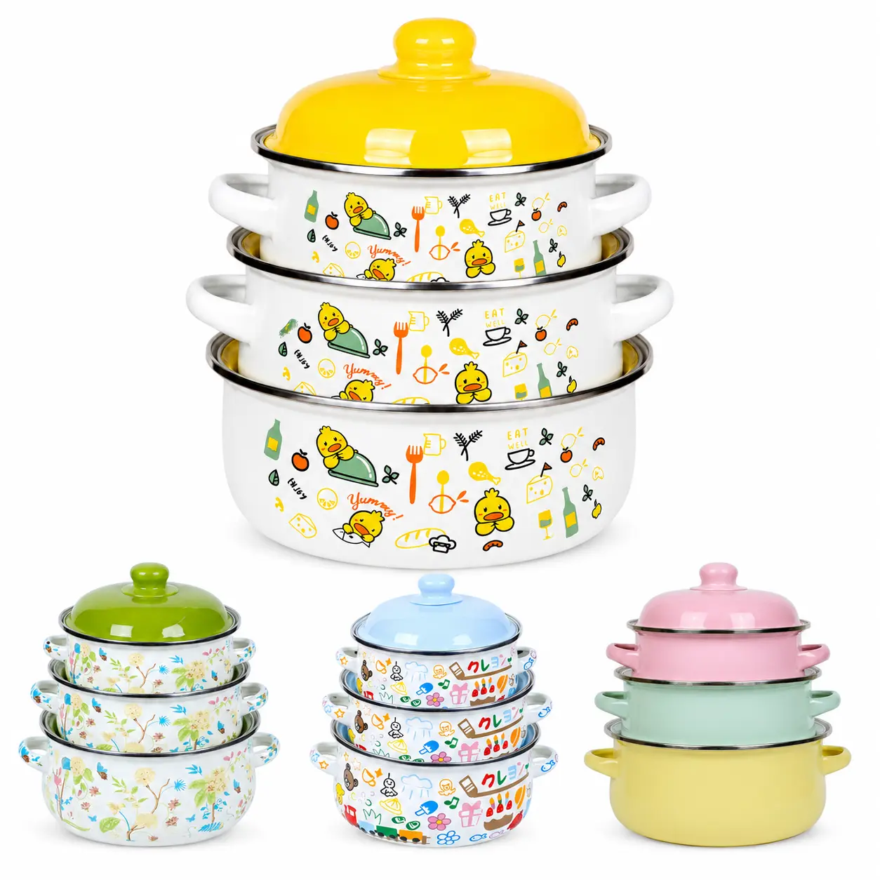 3-Piece Enamel Cookware Set with Lids, Nesting Small Medium Large Soup and Stew Pots, Double-Handle Cooking Pot Set for Family Kitchen, Induction Compatible