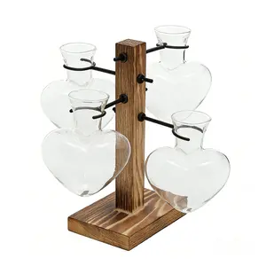Innovative Solid Wood & Glass Hydroponic Vase (Heart-Shaped) | Solid Wood Stand + Glass Vessel | Romantic & Chic Heart Design | Ideal for Hydroponic Plants or Dried Flowers | Perfect for Living Room, Study, or Bedroom Decor