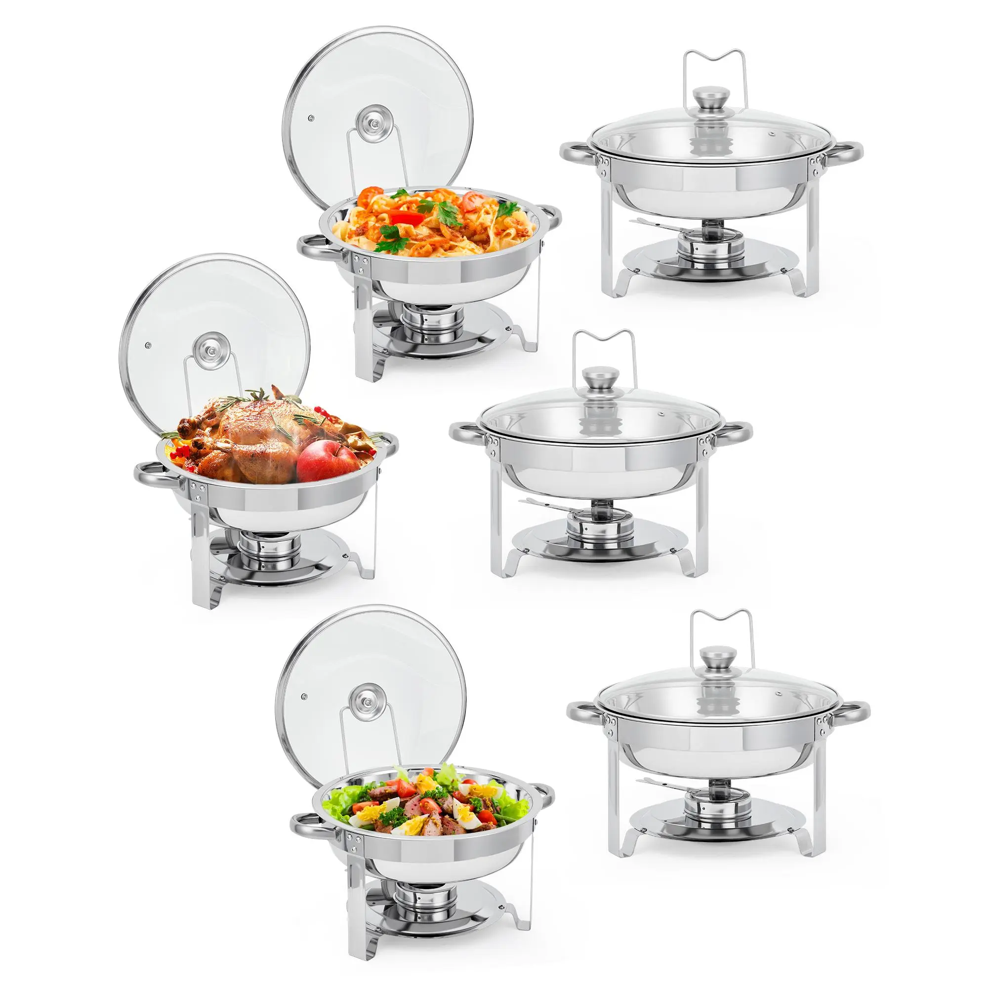 2/4/6 Pack 5QT Stainless Steel Round Chafing Dish Buffet Server Set – 2/4/6 Pack Serve Pans with Glass Lids, Detachable Lid Holder, Drip Tray, Stackable Corrosion-Resistant Food Warmer for Buffet, Weddings, Hotels, Parties, Desserts