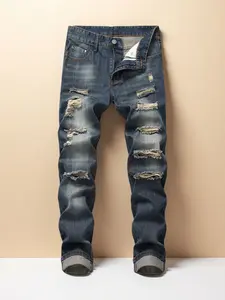 Men's Navy Blue Ripped Elastic Skinny Jeans compression  pants  ripped  jeans jeans  n  s high street jean fashion boy summer gomez  western  wear  outlet