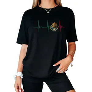Women's 100% Cotton Crew Neck Short Sleeve T-Shirt - Basic Essential Casual Fabric Top, Soft Breathable with Mexico Heartbeat EKG Pulse & Mexican Pride Emblem Womenswear Menswear Streetwear Tshirt Crewneck Graphic Summer