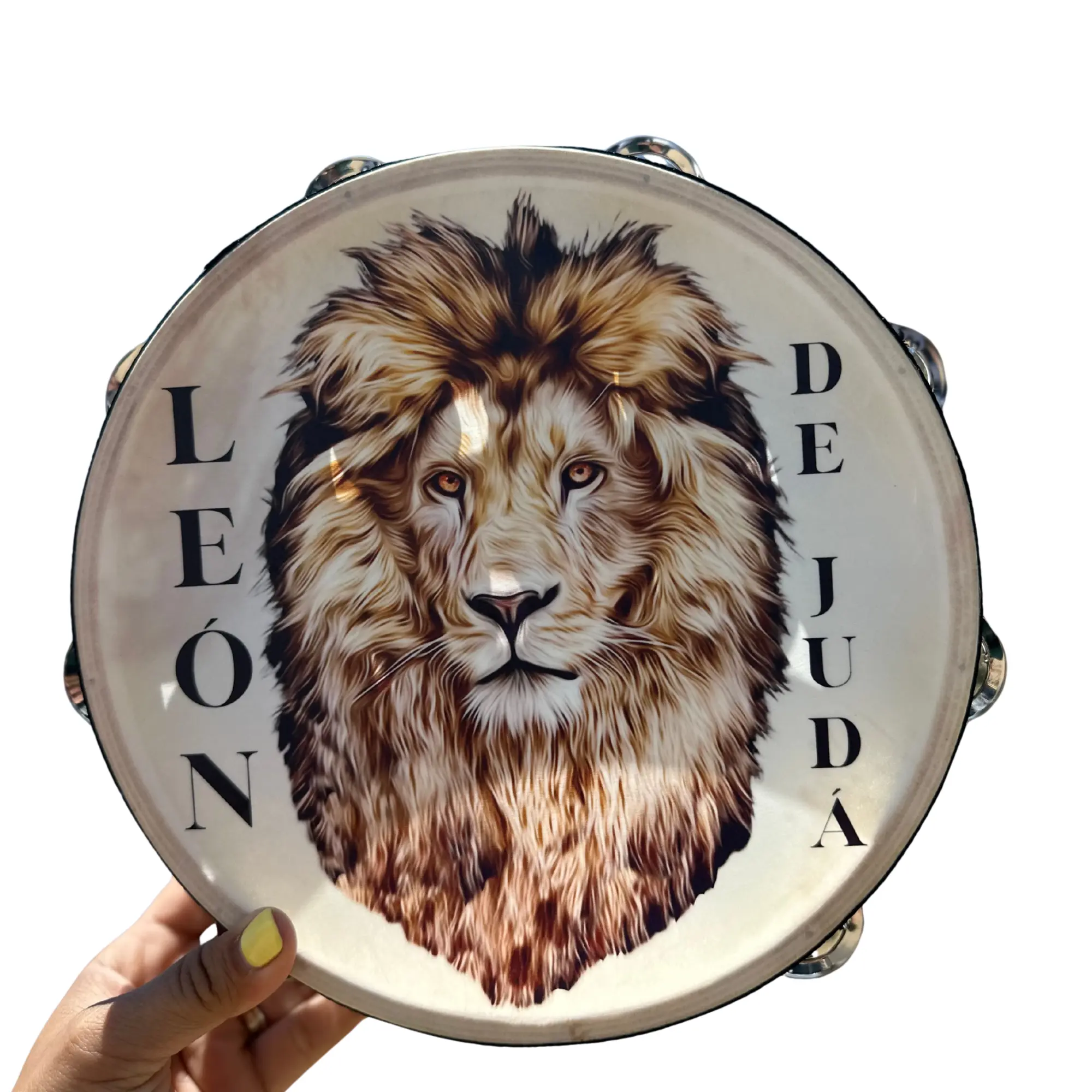Lion Design Traditional Percussion Hand Drum, Synthetic Leather Construction with Non-Slip Grip and Metal Cymbals for Pleasant Sounds