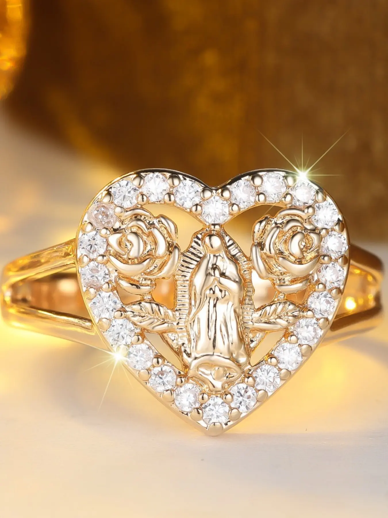 Heart-Shaped Mother Mary Ring with Rose Accents, Niche Heart Cluster Ring, Lightweight Luxury-feel Ring, Heart Shaped Zircon Jewelry Beautiful Rings