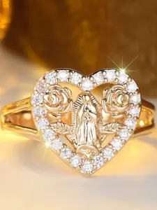 Heart-Shaped Mother Mary Ring with Rose Accents, Niche Heart Cluster Ring, Lightweight Luxury-feel Ring, Heart Shaped Zircon