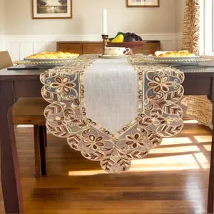Elegant Country Style Polyester Table Runner, Embroidered Floral Lace, Linen Color, Perfect for Home Decor, Kitchen, Dining Room, Parties, Picnics, Events, Outdoor