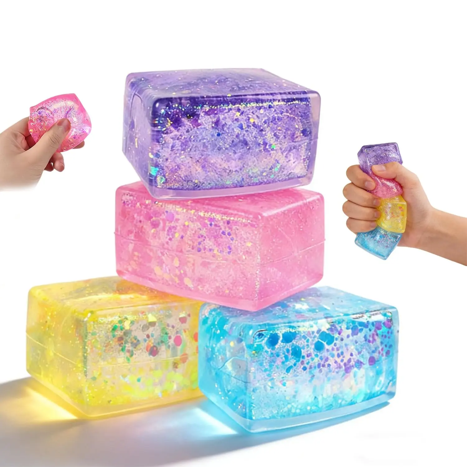 Glitter Ice Cubes Colorful Sensory Fidget Toys for Adults & Kids, Fun Squeeze Ball for Stress Relief, Holiday and Birthday Gifts, Perfect Party Toy Gift, Easter Basket Gift