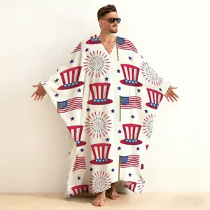 Men's American Flag Print V-Neck Kaftan Robe - Patriotic USA Stars and Stripes Graphic Fleece-Lined Plush Long Hooded Bathrobe with Pockets, Cozy Loungewear for 4th of July, Memorial Day, Veterans Day, Independence Day, Gift for Dad, Him, Husband, Veteran