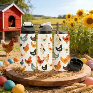 AuraCup 1pc 19/24/32oz Vacuum Insulated Tumbler with Lid and Straw, Cute Colorful Chicken Pattern Water Bottle, Double Wall Stainless Steel Travel Coffee Cup for Hot & Cold Drinks, Farm Animal Design Mug, Perfect Gift for Birthday, Christmas, Thanksgiving