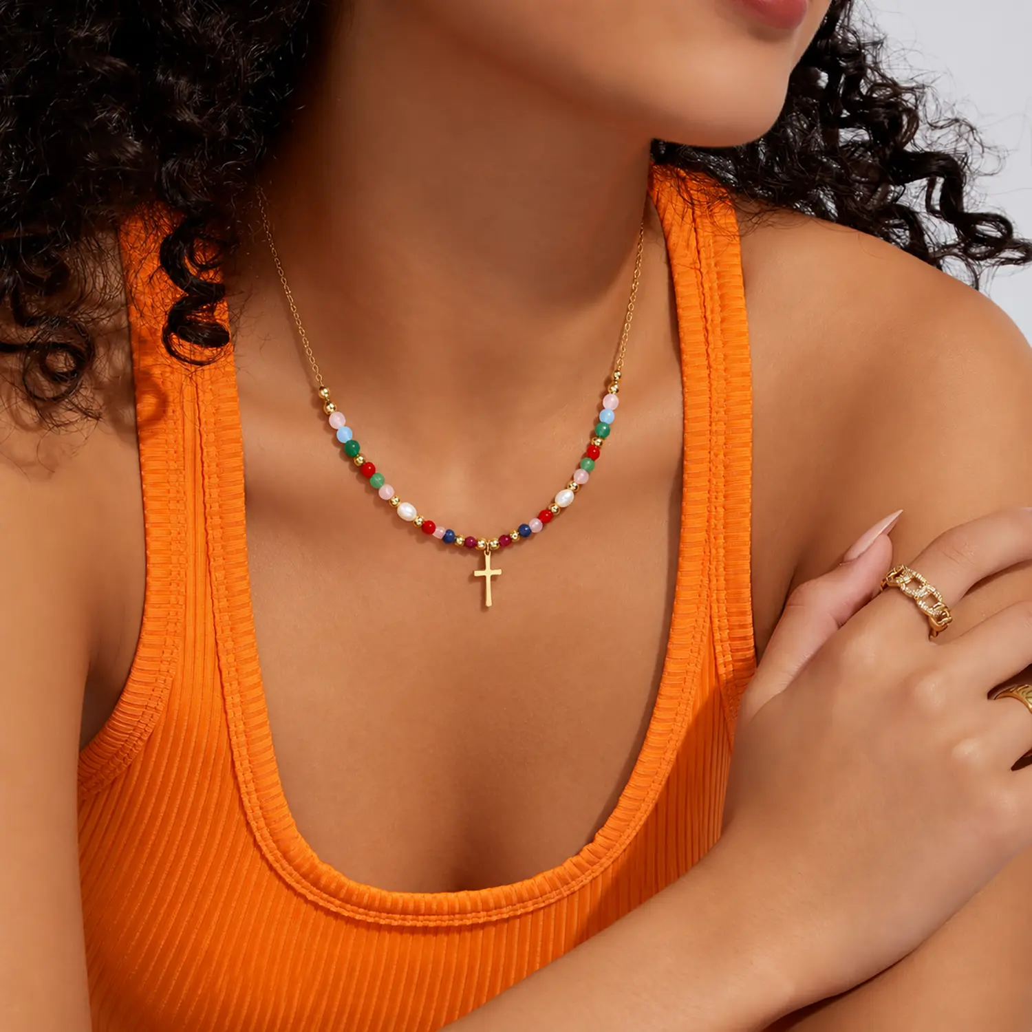 Beaded Necklace for Women, Colorful Cross Choker for Summer | 14K Gold/Silver Plated Chain, Handmade Adjustable Bead Necklace for Women, Waterproof Trendy Christians Gifts