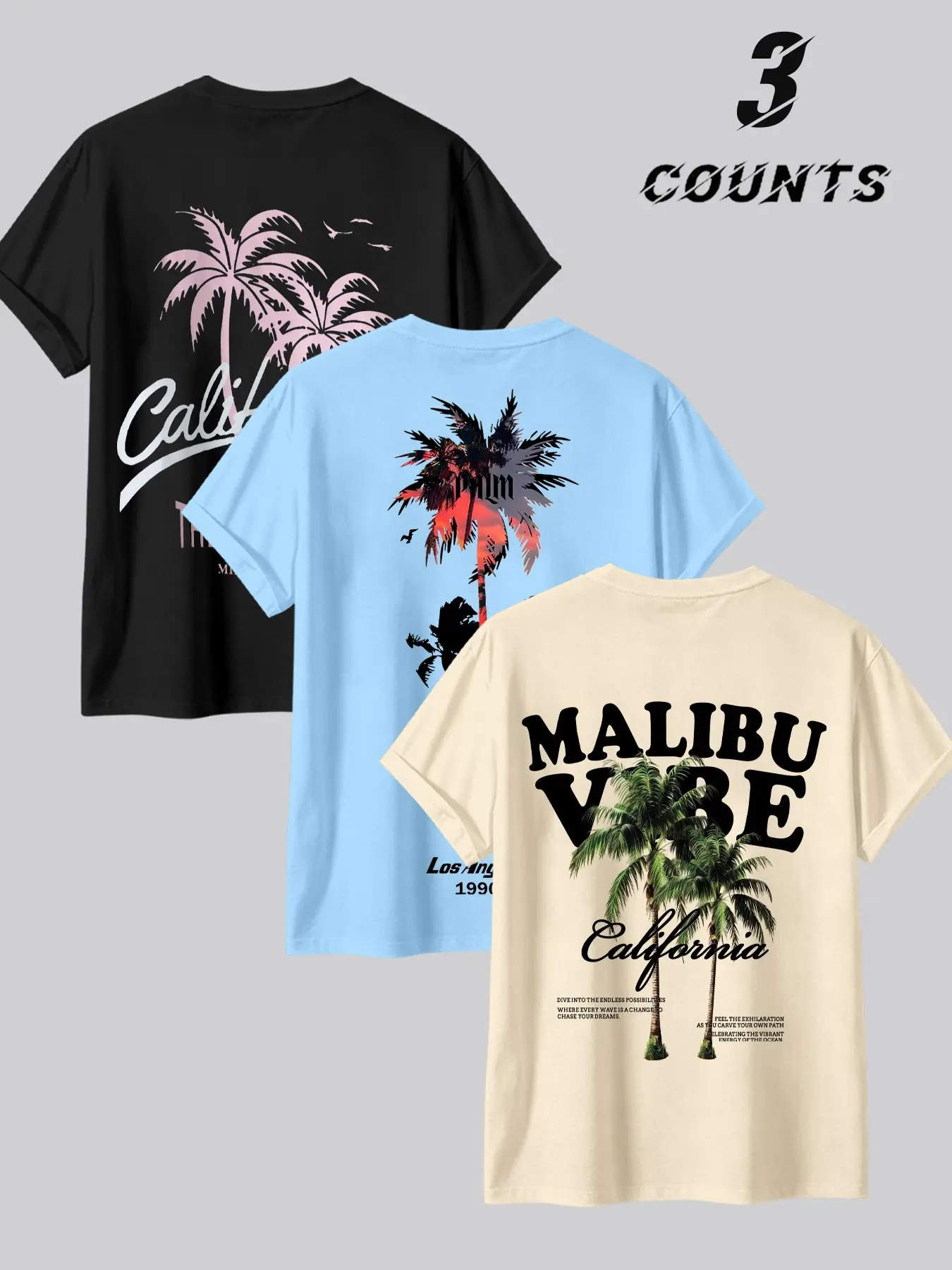 Summer Men's Breathable Casual Round Neck T-Shirt 3-Pack, Casual Graphic Tee, Tropical Coconut Tree Print, American Vintage Beach Style, Oversized Loose-Fit Short Sleeve Top, Streetwear, Vibe, Vintage Graphic Tees