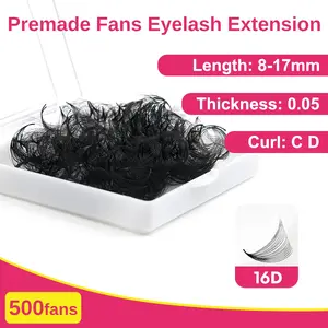 Very Soft Lashes Extension 500 Fans 16D Premade Fans Eyelash Extensions, 0.05mm C/d Curl, Length 9-16mm, Dense & Quick Application, Recyclable, Beauty Salon Use Only Pack