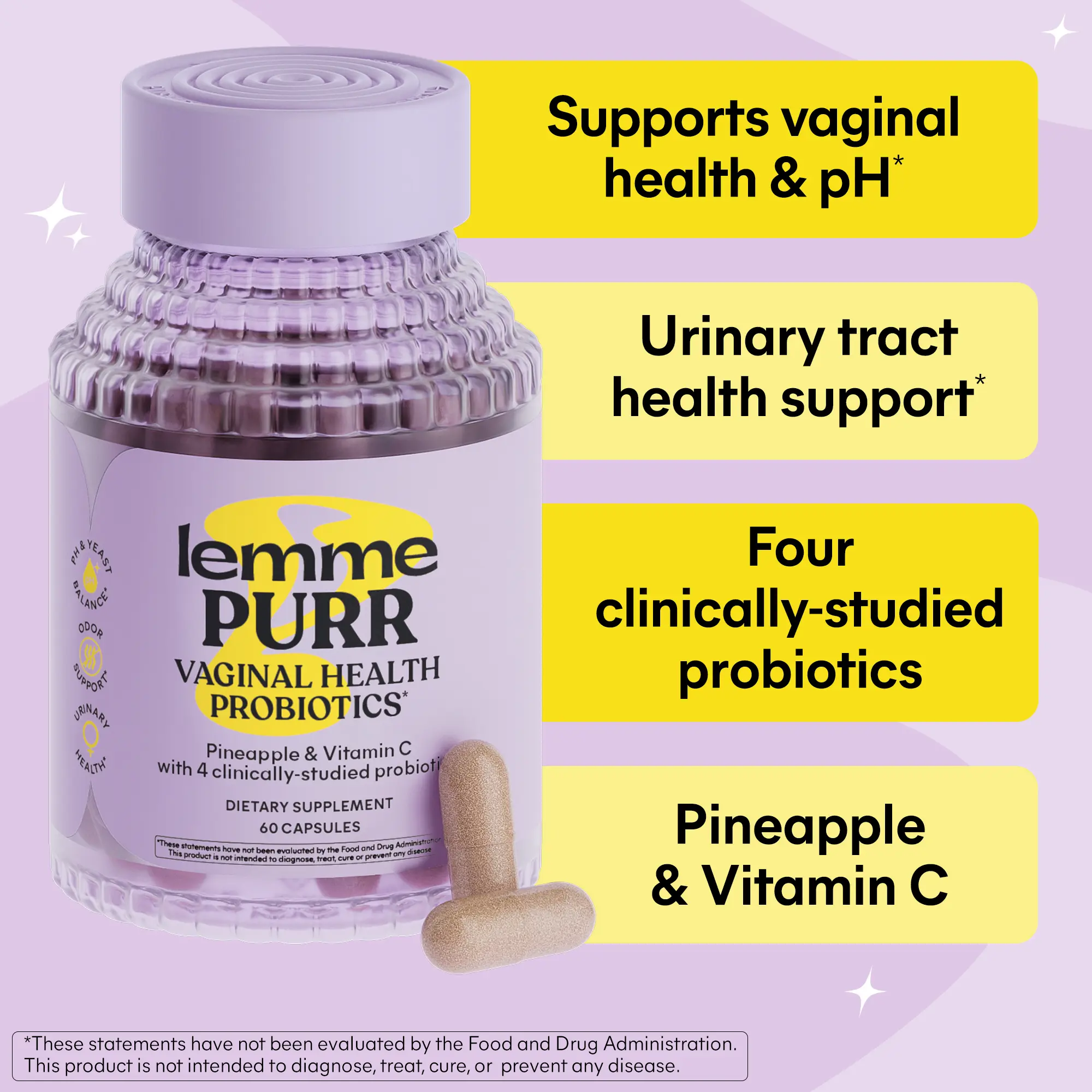 Lemme Purr Capsules - Vaginal Probiotics for Women - Promotes pH Balance, Healthy Vaginal Odor & Urinary Tract Health w/ Lactobacillus Blend, Clinically Tested Strains, Pineapple & Vitamin C - 60 Veggie Capsules