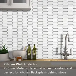 Vamos Tile Long Hexagon Peel and Stick Backsplash Tile - 10 Sheets Stick on Backsplash for Kitchen and Bathroom 12.4 x 12 Inch Dolomite Marble Look PVC Self Adhesive Mosaic Wall Tiles