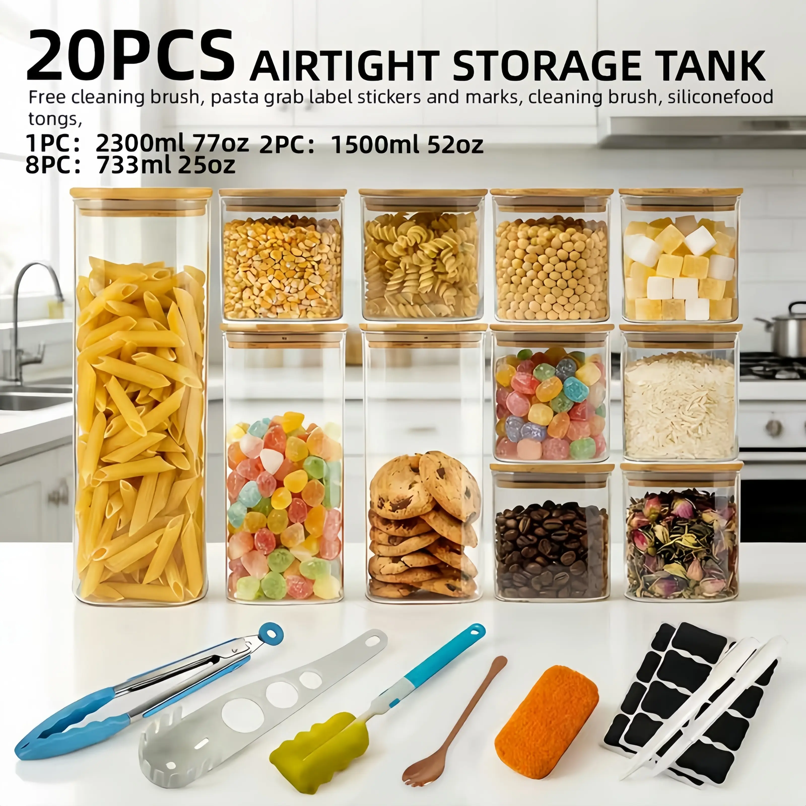 20-Piece Wide-Mouth Transparent Glass Food Storage Jars Set - 1x2300ml(77oz), 2x1500ml(52oz), 8x733ml(25oz) Kitchen Preserving Containers with Labels, Stickers, Pen, Rose Gold Spoon, Food Clip, Pasta Claw for Coffee Beans, Noodles, Nuts - Ideal Gift