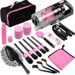 17pcs Car Cleaning Kit, Pink Car Interior Detailing Kit with High Power Handheld Vacuum, Detailing Brush Set, Windshield Cleaner, Cleaning Gel, Complete Auto Accessories for Women Gift