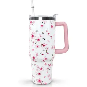 Ceovfoi 40oz Portable Stainless Steel Cherry Blossoms Tumbler - Cute Transparent Pink Floral Drinkware with Handle, Lid, Straw, Ideal for Tea, Women's Birthday Gifts, Kitchenware Decor