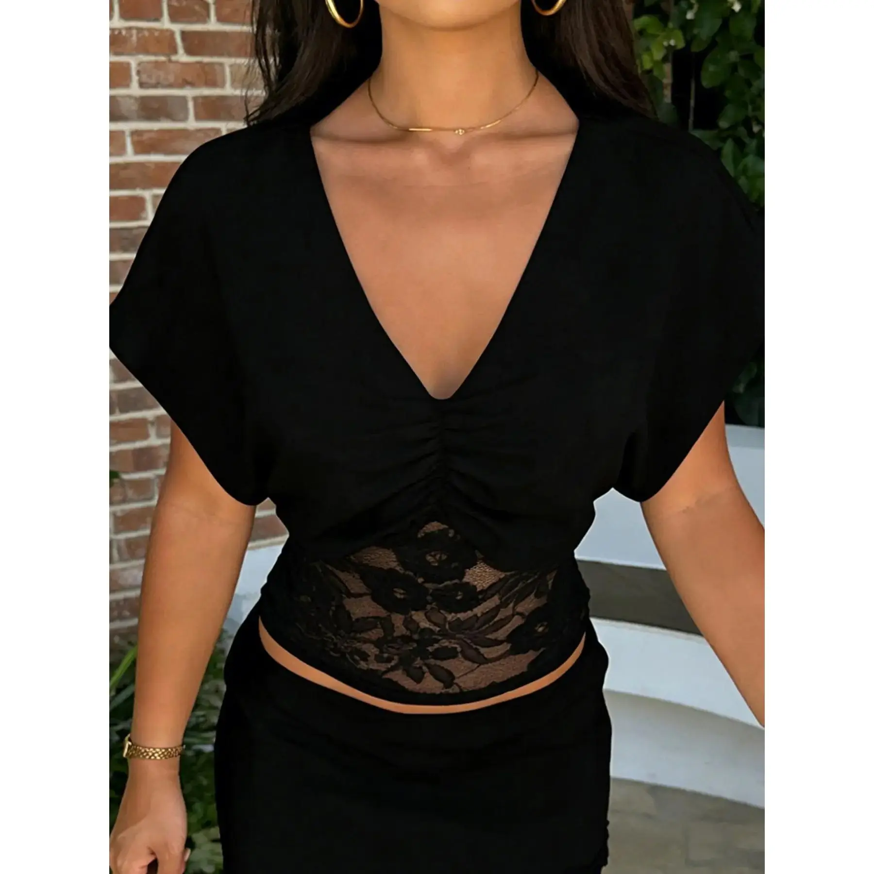 Fashion Matching Two Piece Set, Solid Simple Aesthetic Lace Patchwork Corset Shirts Blouses For Women Lady, Summer New Fashion Shirred V Neck Batwing Short Sleeve Top Tee Shirt, Daily Clothing Womenswear, Basic, Coord