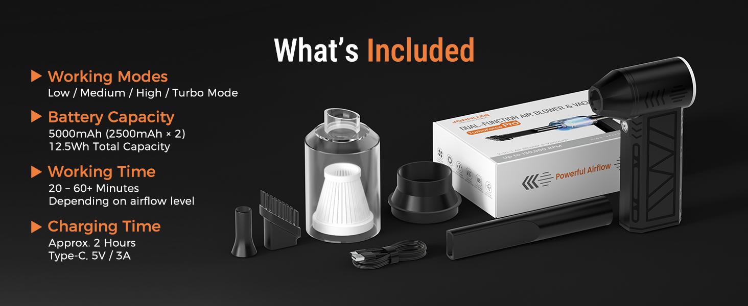 JORHUZS 2-in-1 Compressed Air Duster & Vacuum, High-Power Turbo Jet Fan, Cordless Rechargeable for Car, Electronics & Home Cleaning