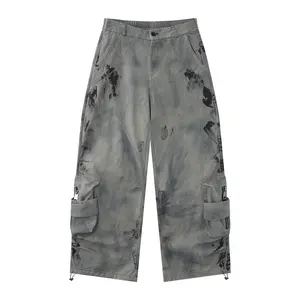 Flooo Tie Dye Graffiti Wide Leg Cargo Pants Women's Streetwear Joggers with Elastic Waist & Drawstring Hem